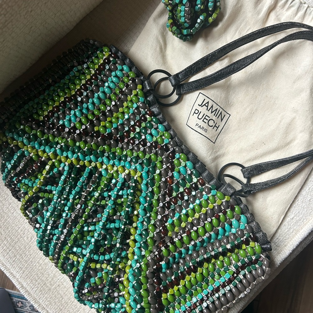Jamin Puech Green and Brown Beaded Shoulder Bag